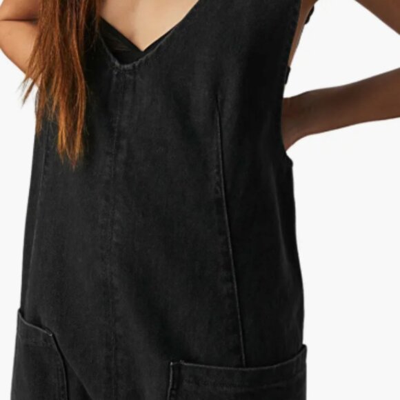Free People High Roller Mineral Black Denim Jumpsuit size L New w tags - Picture 1 of 6